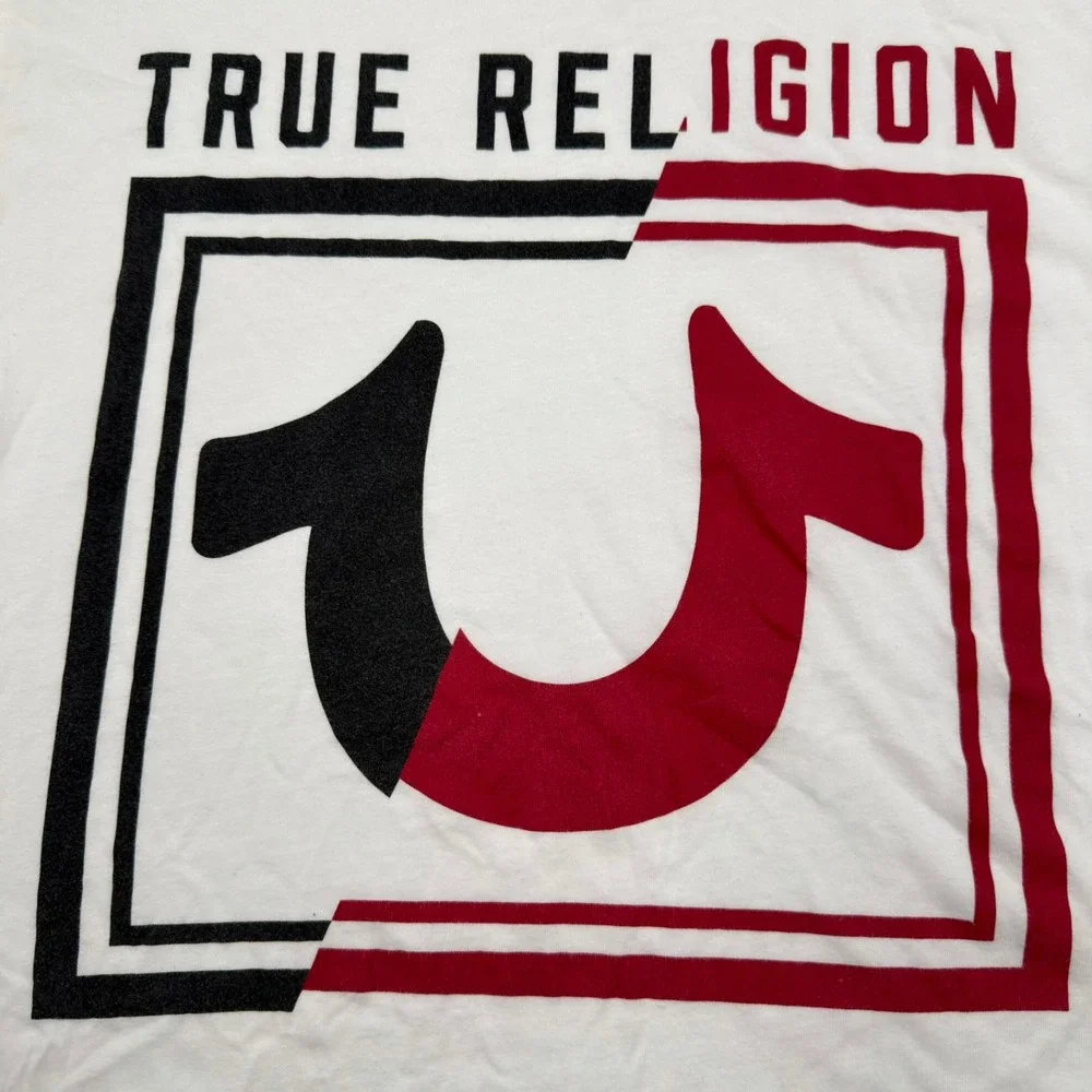 True Religion Mens White Horseshoe Logo Graphic T-Shirt Red Black Size Large